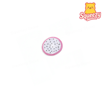 Pink and white round object with black dots on a white background, featuring the brand 'Squeezy'.