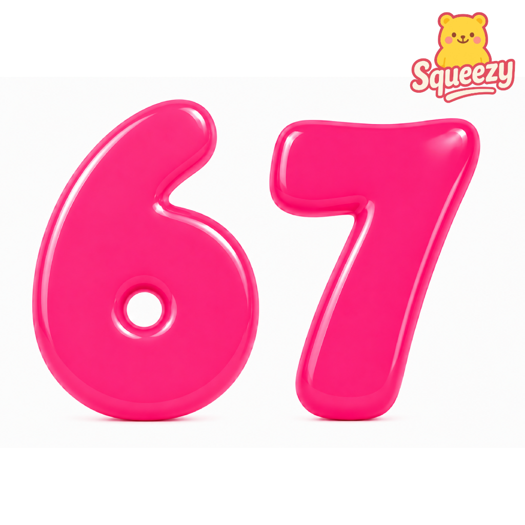 Two glossy hot pink inflatable number balloons, '6' and '7', displayed on a clean white background with a yellow 'Squeezy' brand logo in the top right corner.