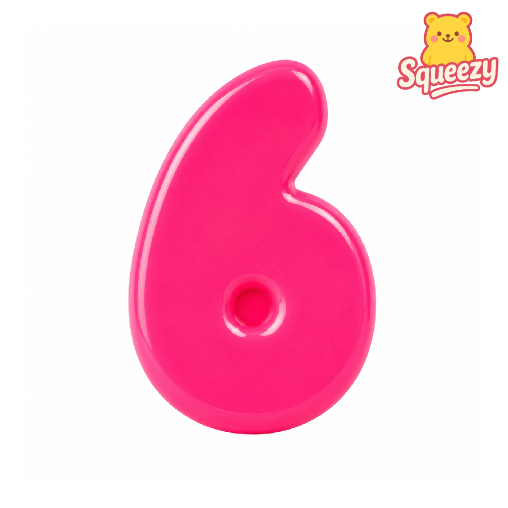 A bright pink, glossy silicone number 6 candle holder with a central hole, shown on a plain white background with a Squeezzy brand logo in the top right corner.
