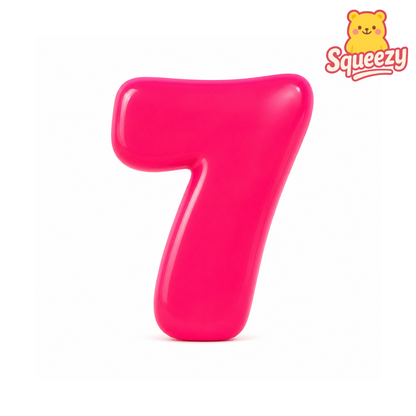A bright pink inflatable number 7 toy on a white background, with a Squeezzy brand logo in the top right corner.