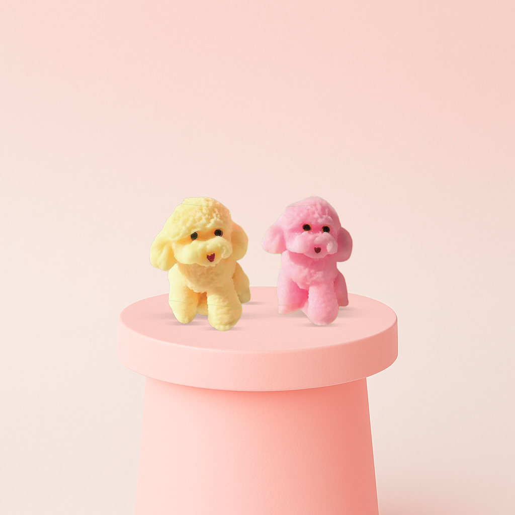 Poodle Squishies in yellow and pink colors, super soft slow-rising dog stress relief toys.