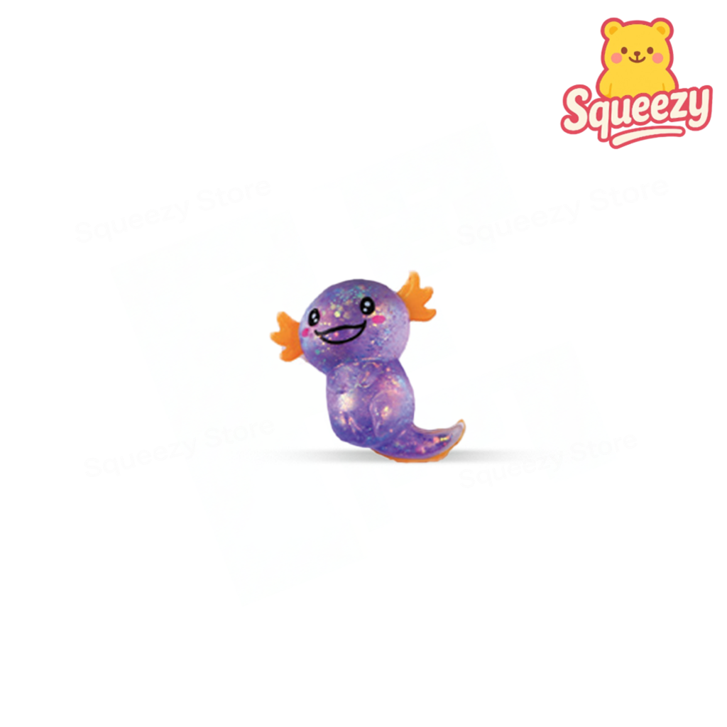 Purple Axolotl with Maltose soft EVA stress relief toy with crystal-clear glitter-filled body.