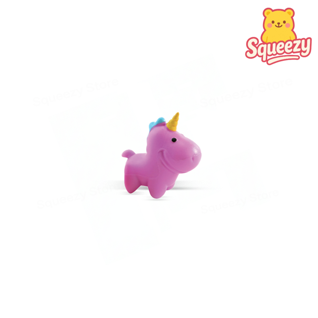 Purple EVA Unicorn, Style1 soft EVA stress relief toy with golden horn and colorful tail.