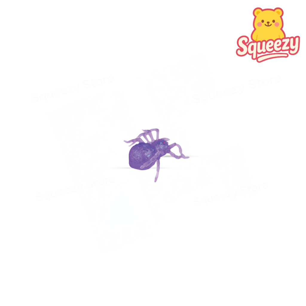 Purple Squishy Spider with Maltose soft EVA stress relief toy with translucent glitter-filled body.