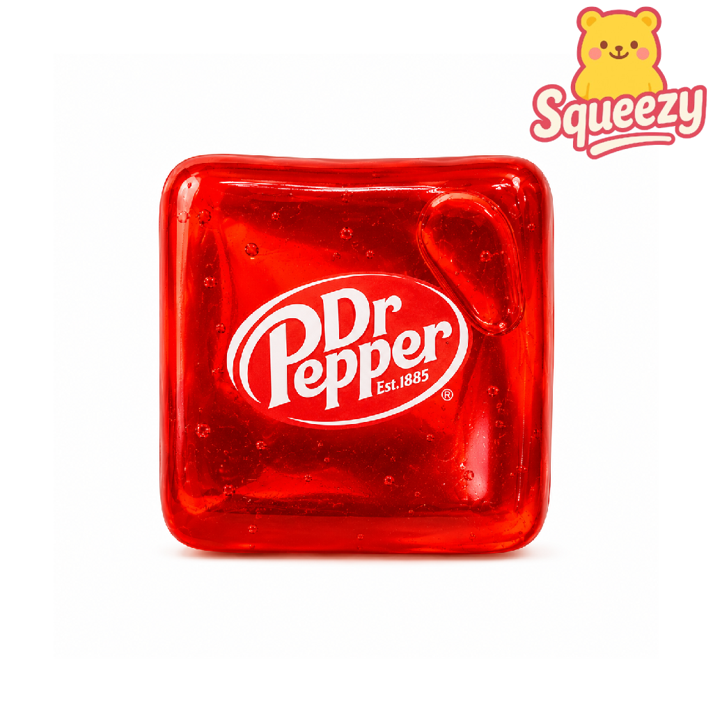 Red Dr Pepper soda cube squishy with glossy translucent texture on a white background