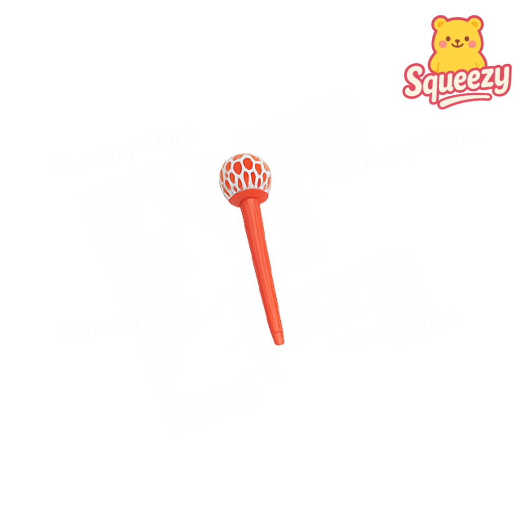 Red and white toy with a smiling bear logo labeled 'Squeezy' on a white background