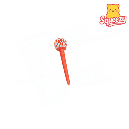 Red and white toy with a smiling bear logo labeled 'Squeezy' on a white background