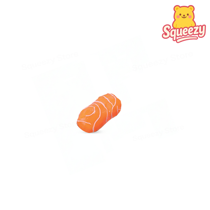 Salmon Squishy soft stress relief toy designed as a realistic salmon sushi piece with orange marbled fish and white rice base.