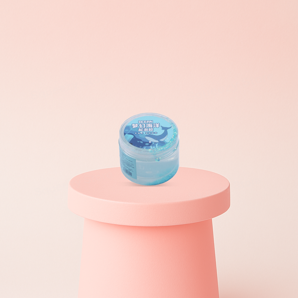 Sea World Slime soft and stretchy sensory slime packaged in a blue ocean-themed container with whale artwork.