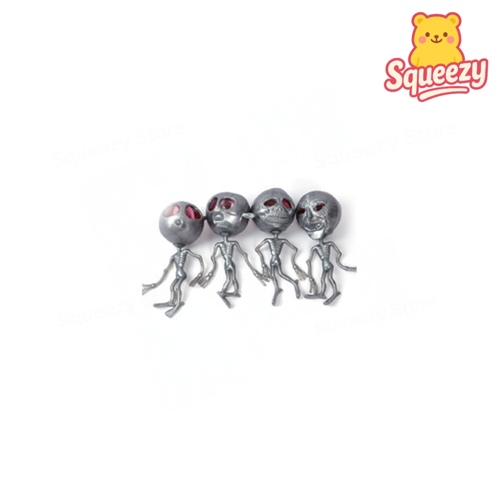 Silver Squishy Alien soft EVA stress relief toy with red eyes and metallic finish.