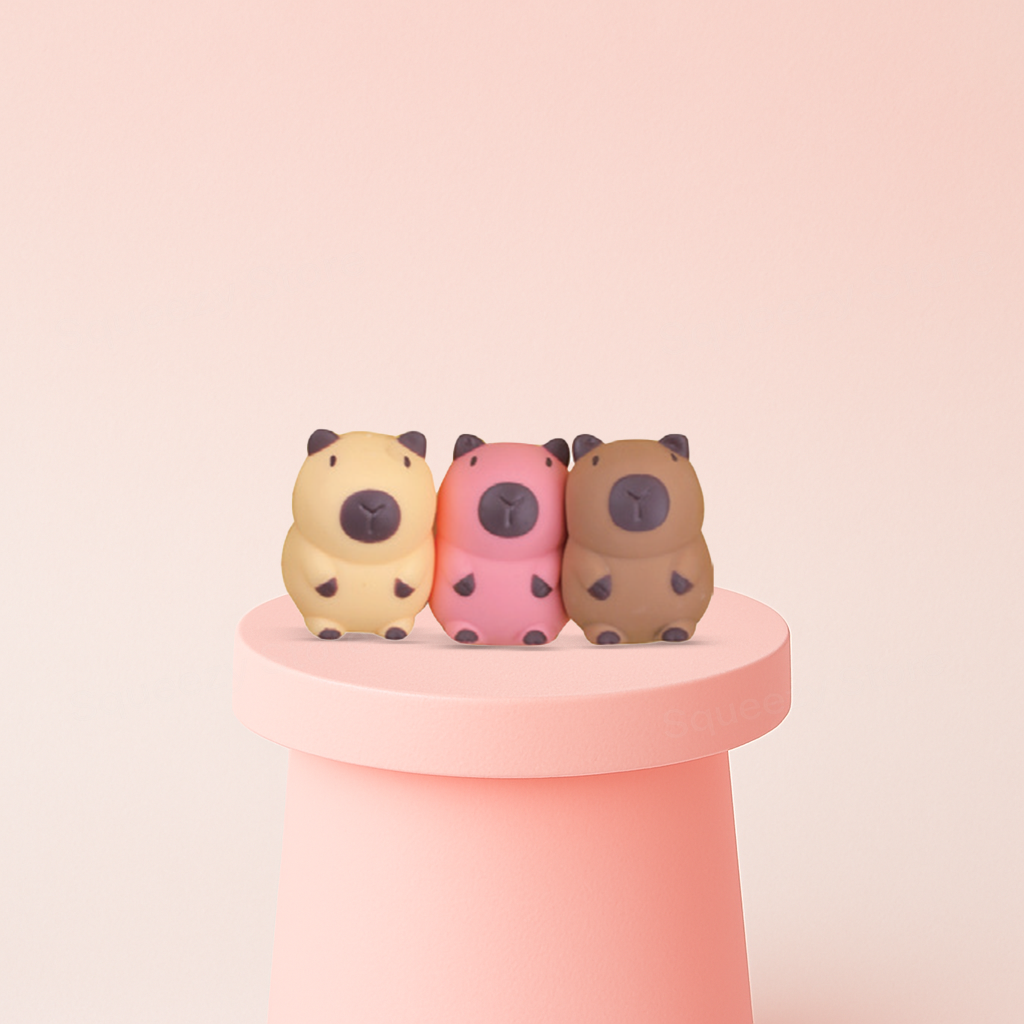 Small Size EVA Capybara collection featuring mini capybara stress relief toys in beige, pink, and brown.