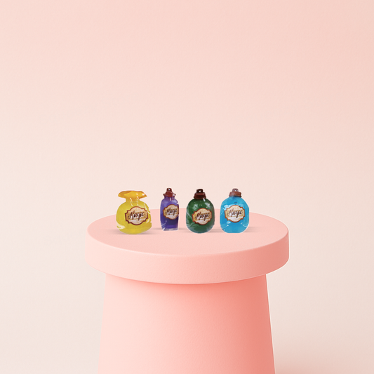 Small Size Magic Bottle collection featuring translucent potion bottle squishies with glitter accents.