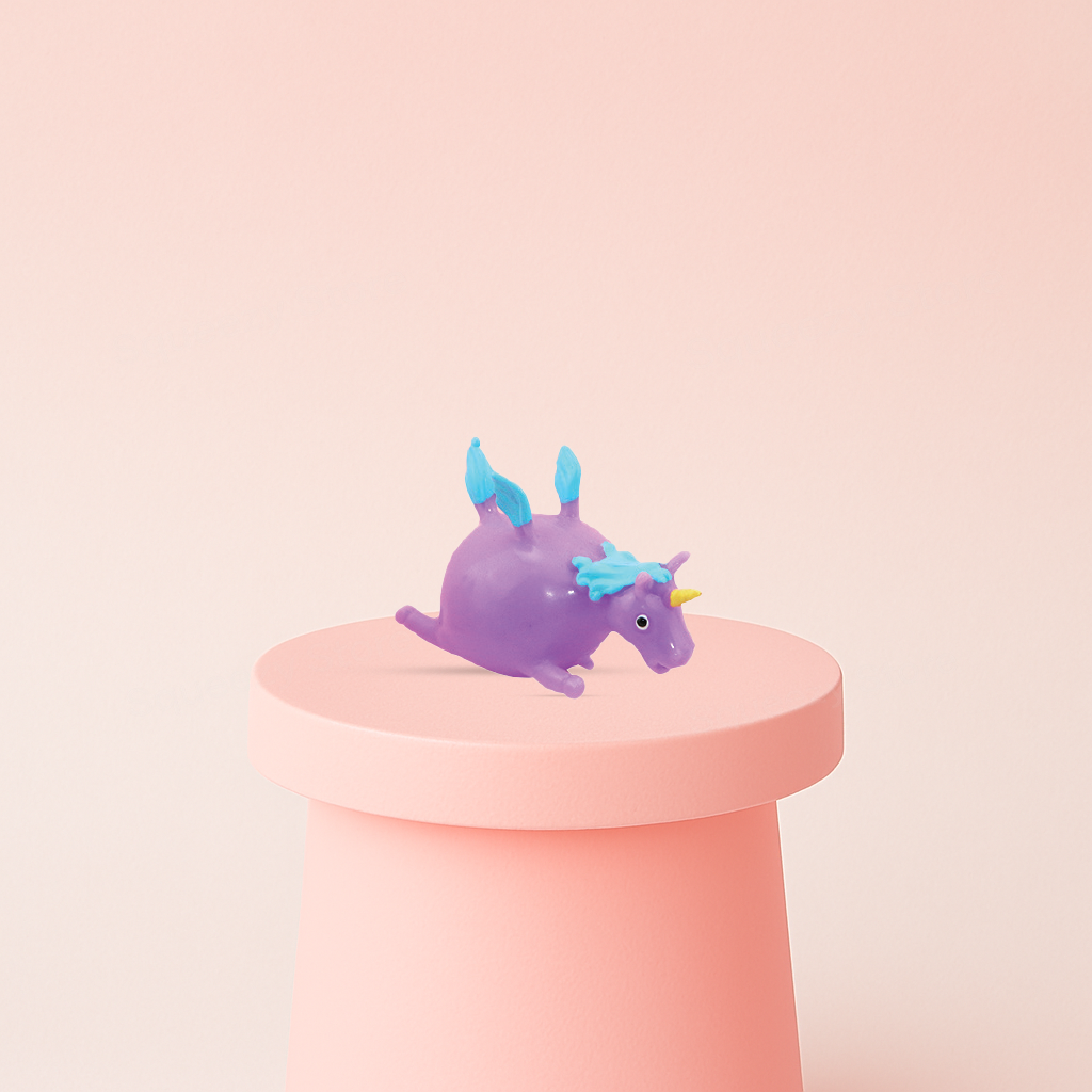 Small Unicorn soft EVA stress relief toy shaped like a purple winged unicorn with blue mane and golden horn.