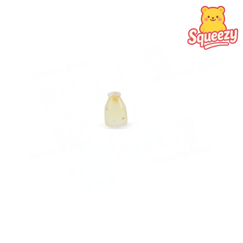 Small white bottle with a yellow cap on a white background, featuring the 'Squeezy' brand logo.