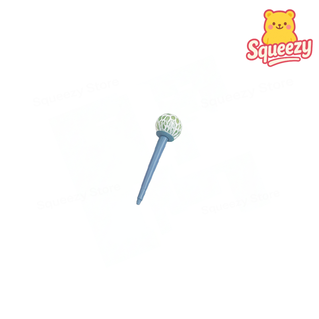 Squeeze toy with a ball on a blue handle, branded 'Squeezy', on a white background.