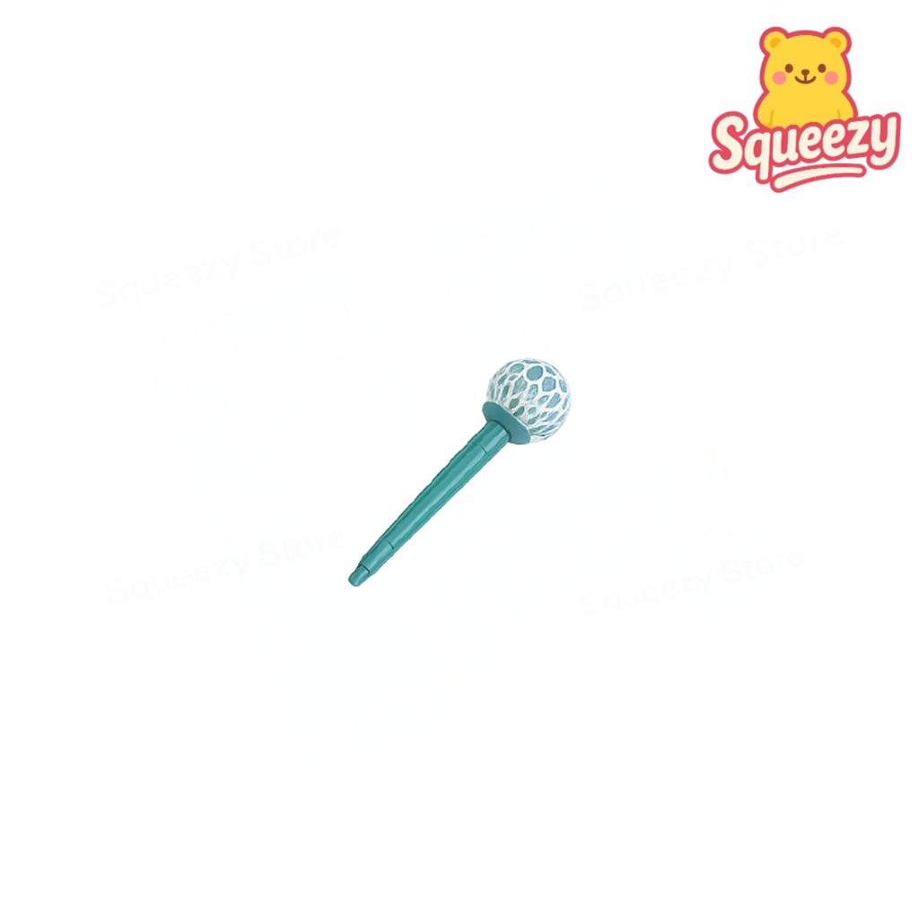 Squeeze toy with a ball on a stick and 'Squeezy' logo above on a white background