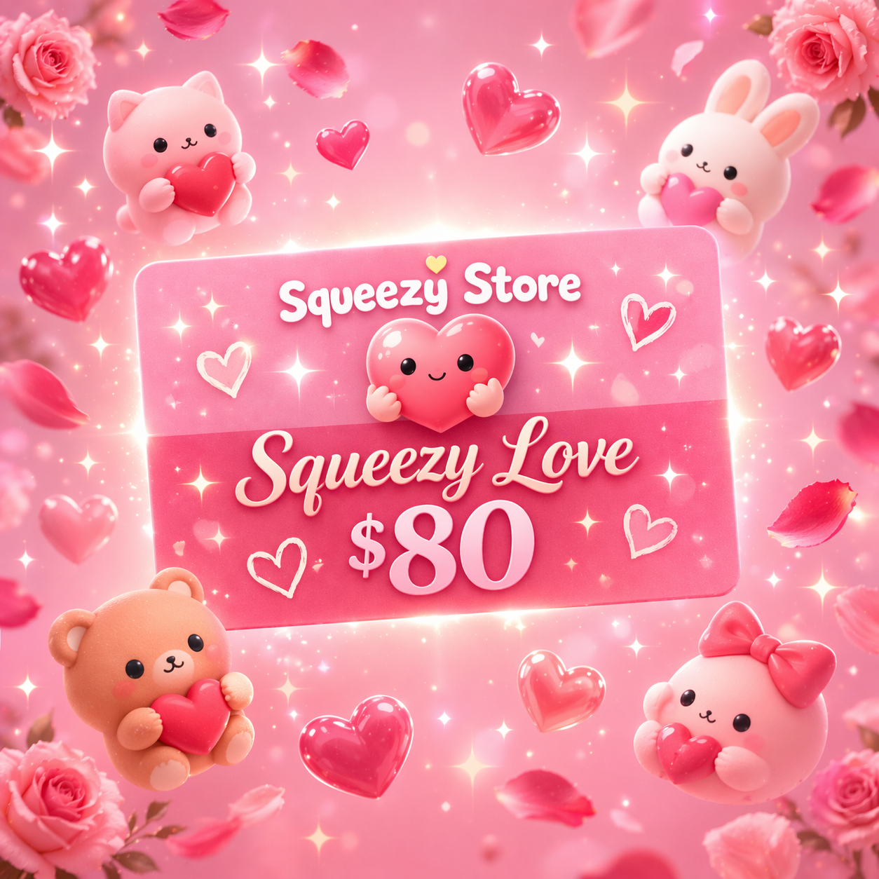 Squeezy Store Squeezy Love digital gift card $80 — 
generous birthday and special occasion gift for 
squishy toy lovers and collectors — instant email delivery