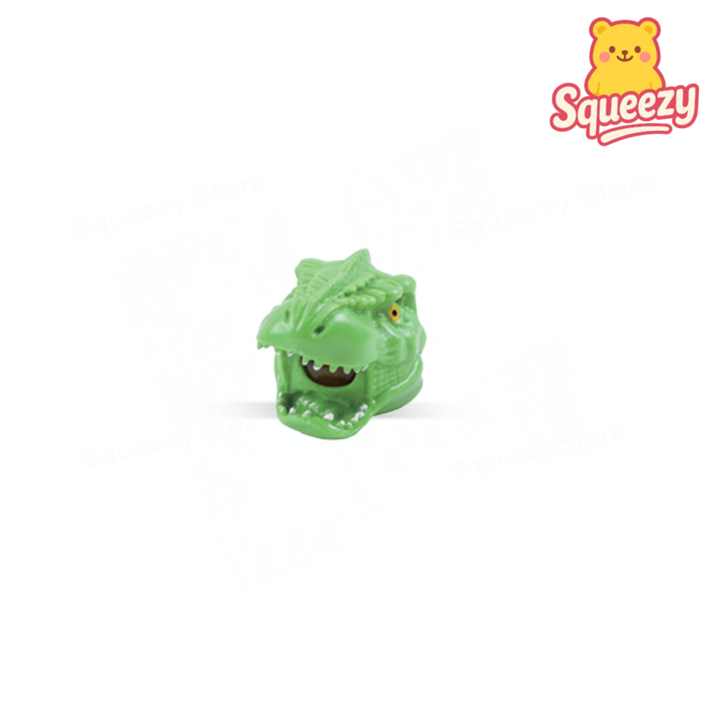 Green Squishy Dino Head with Beads soft EVA stress relief toy with translucent bead-filled dinosaur head.