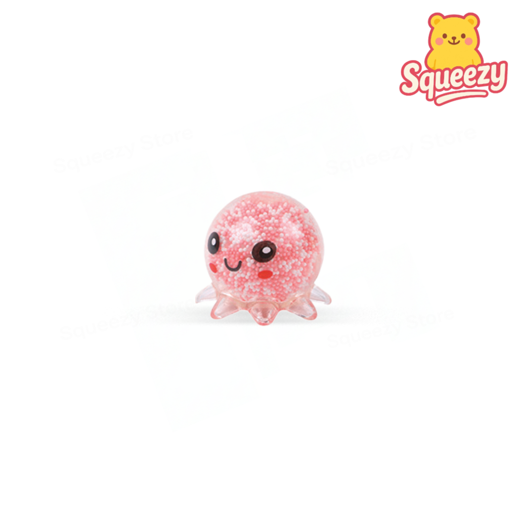 Pink Squishy Octopus with Beads soft sensory toy with translucent body and moving beads.