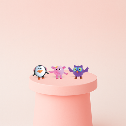 Squishy Animal collection featuring a penguin, pig, and owl in colorful cartoon designs.