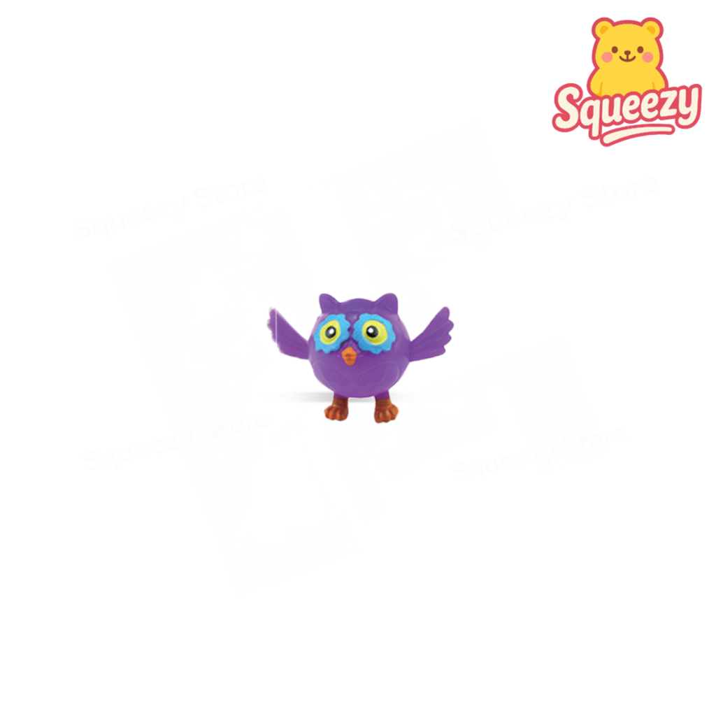 Squishy Animal purple owl soft EVA stress relief toy with large green eyes and spread wings.