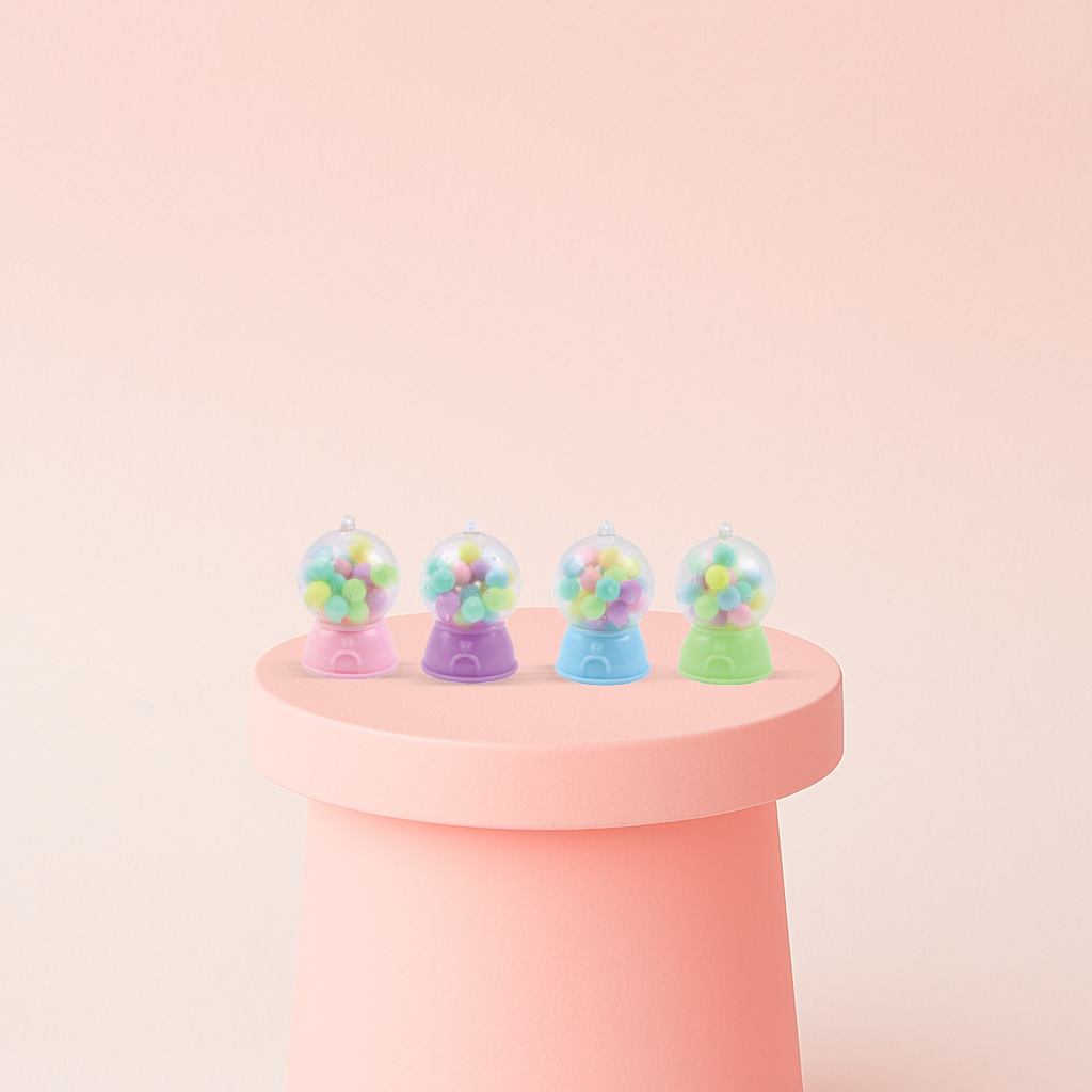 Squishy Capsule Machine collection featuring pastel pink, purple, blue, and green mini candy dispenser designs.