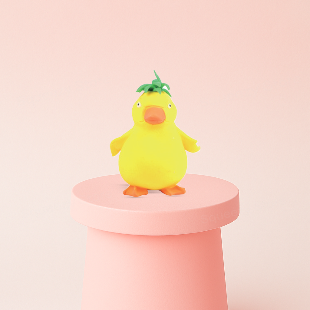 Squishy Cool Duck displayed on a pastel stand, soft slow-rising duck sensory toy for stress relief.