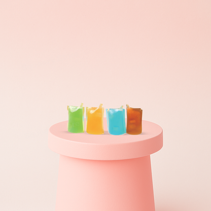 Squishy Drinks collection featuring translucent drink cup designs with tiny straws.