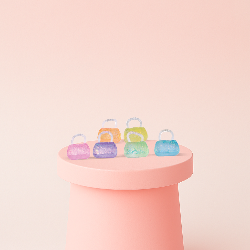 Squishy Handbag with Maltose glitter purse stress relief toys in pink, orange, yellow, purple, green, and blue colors.