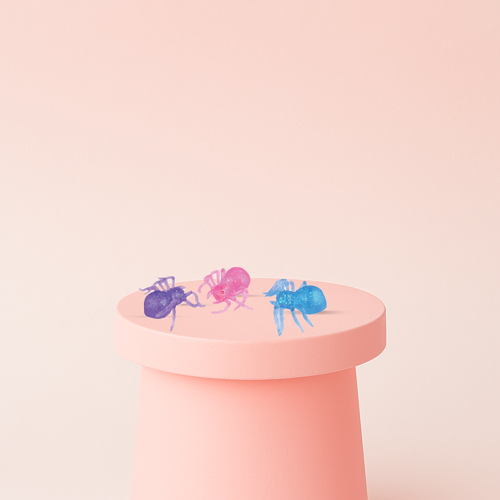 Squishy Spider with Maltose soft EVA stress relief toy in purple, pink, and blue translucent spider designs.