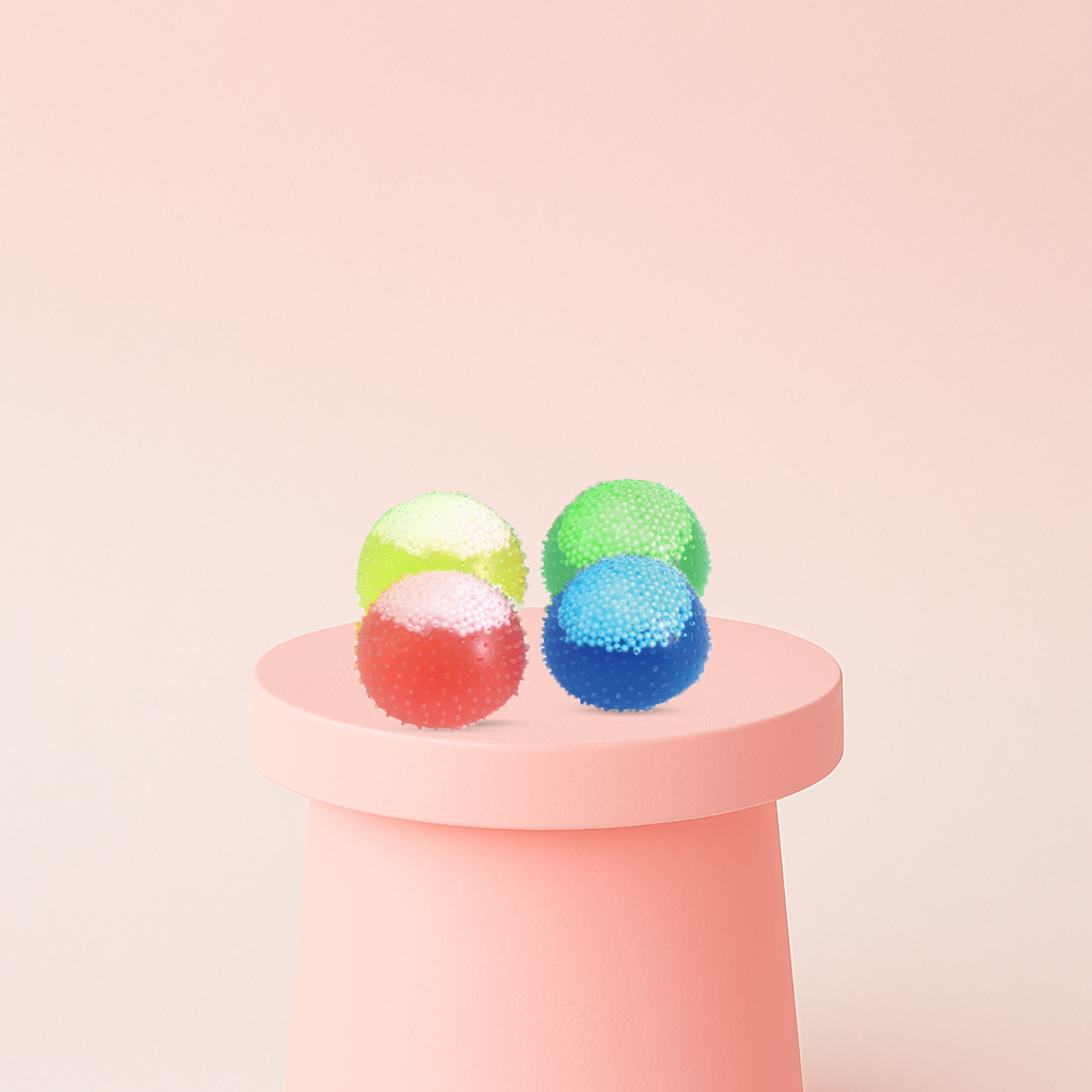 Squishy Spiky Ball sensory stress relief balls in yellow, green, red, and blue with soft flexible spikes.