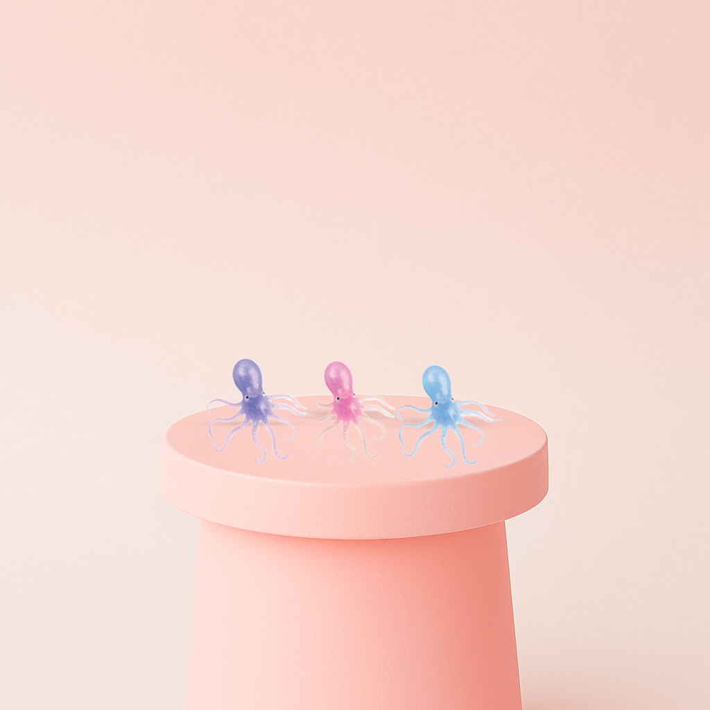 Squishy Squid soft EVA stress relief toys in purple, pink, and blue translucent squid designs.