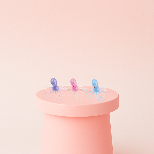 Squishy Squid soft EVA stress relief toys in purple, pink, and blue translucent squid designs.
