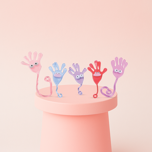 Sticky Palm with Yoyo and Emoji Face collection featuring colorful hand-shaped sticky toys with googly eyes and long stretchy tails.