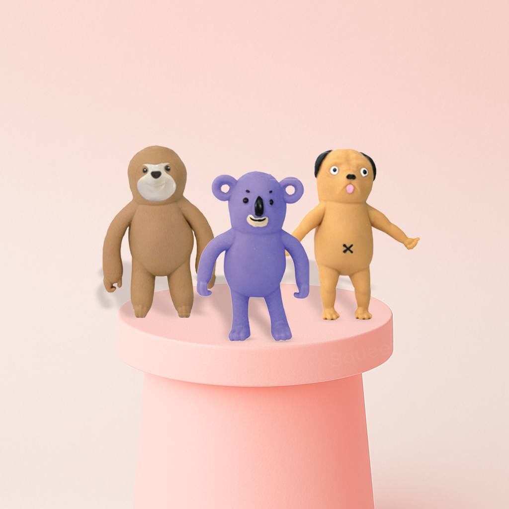 Stretchy Animal Series with sloth, koala, and monkey soft stretchable sensory toys.