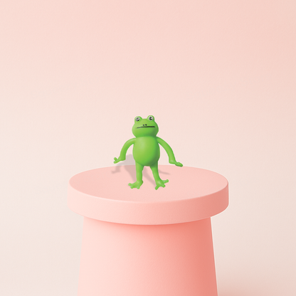 Stretchy Frog displayed on a pastel stand, flexible frog sensory toy for stress relief.