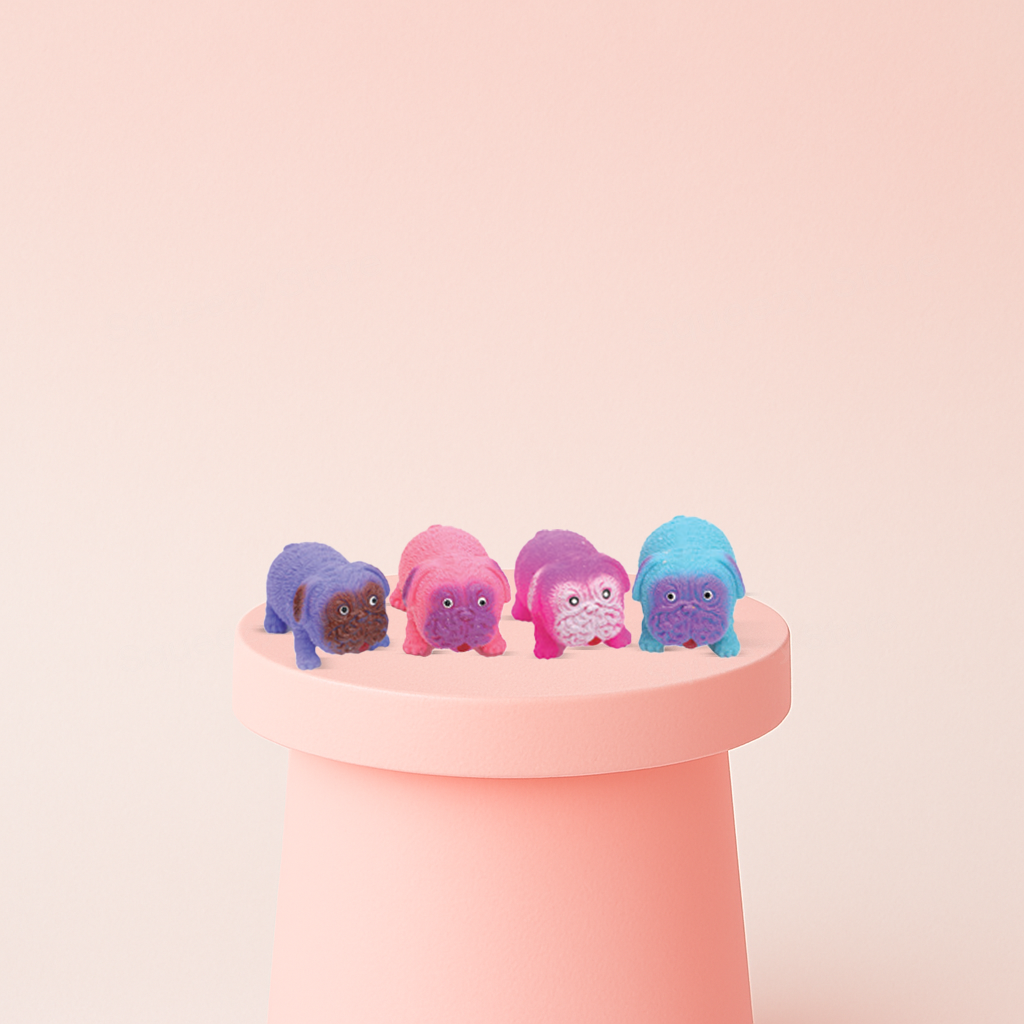 Stretchy Pug sensory toys in purple, blue, and pink colors.