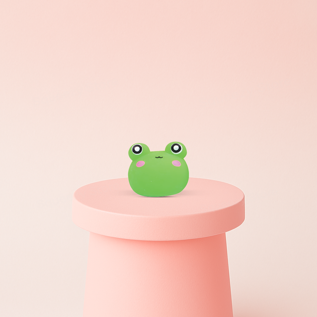 Super Squishy Frog displayed on a pastel stand, soft slow-rising frog sensory toy for stress relief.