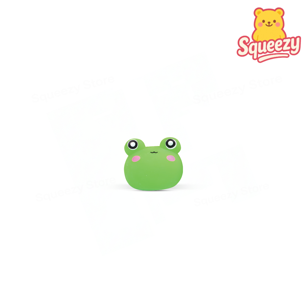 Super Squishy Frog round green slow-rising stress relief toy with big cartoon eyes and pink cheeks.