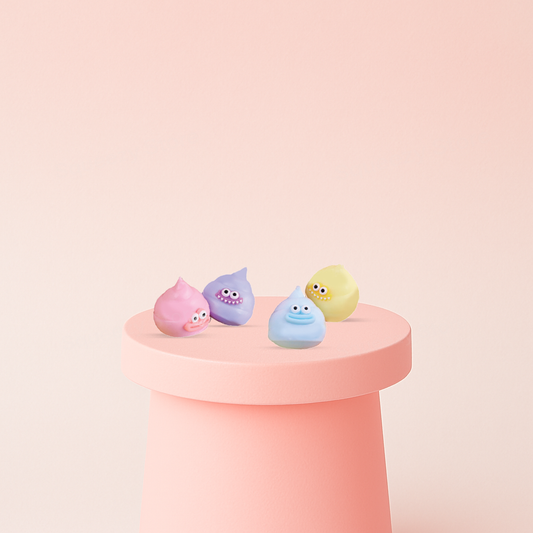 Super Squishy Poo soft EVA stress relief toys in pink, purple, yellow, and blue poop designs.