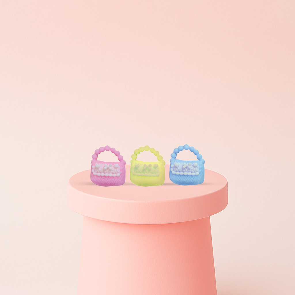 Sweet Heart Bag Squishies soft EVA stress relief toys in pink, yellow, and blue handbag designs with heart details.