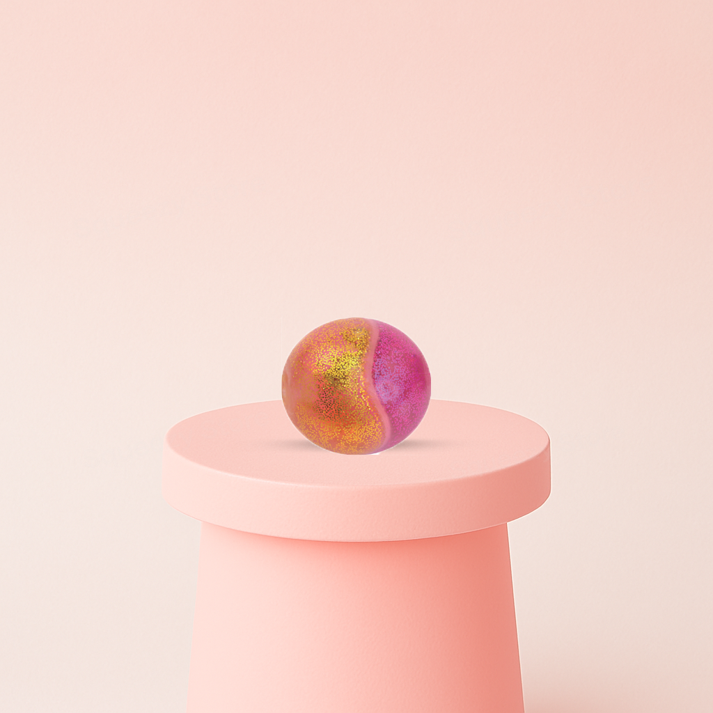 Tai Chi Ball glitter stress relief toy featuring a pink and orange Yin Yang-inspired design.
