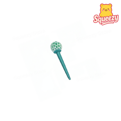 Teal stress ball with green patterned ball on a white background, featuring the 'Squeezy' brand logo.