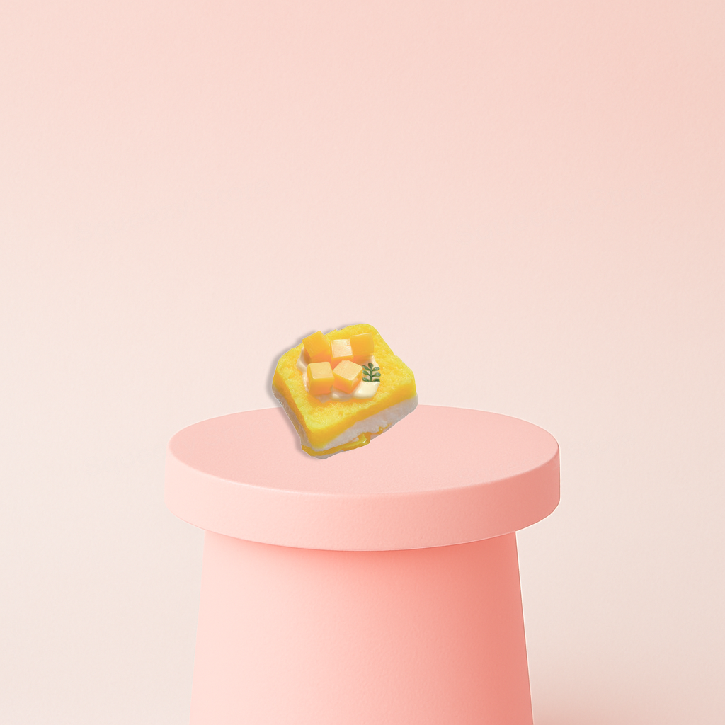 Thick Mango Toast Squishy shaped like a slice of toast topped with mango cubes and whipped cream.