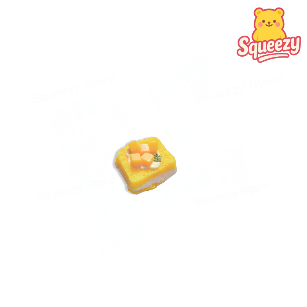 Thick Mango Toast Squishy soft stress relief toy designed as a realistic mango dessert toast with fruit topping.