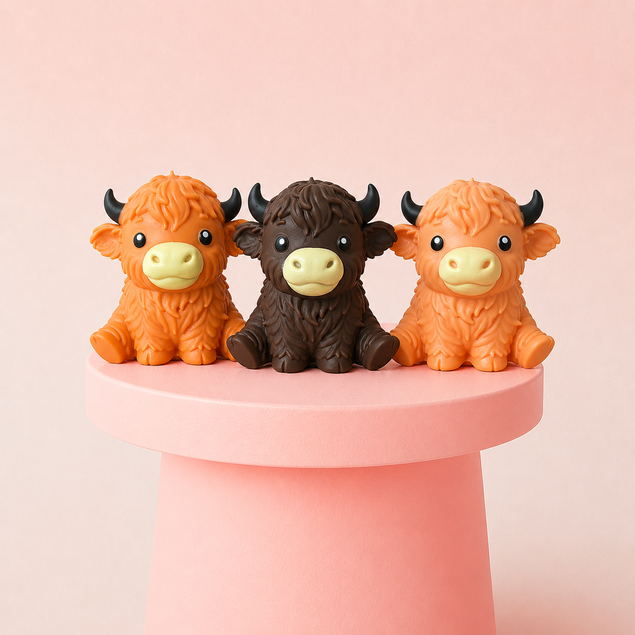 Three Giant Highland Cow Jumbo Squishy toys in brown and orange displayed together on a pink stand