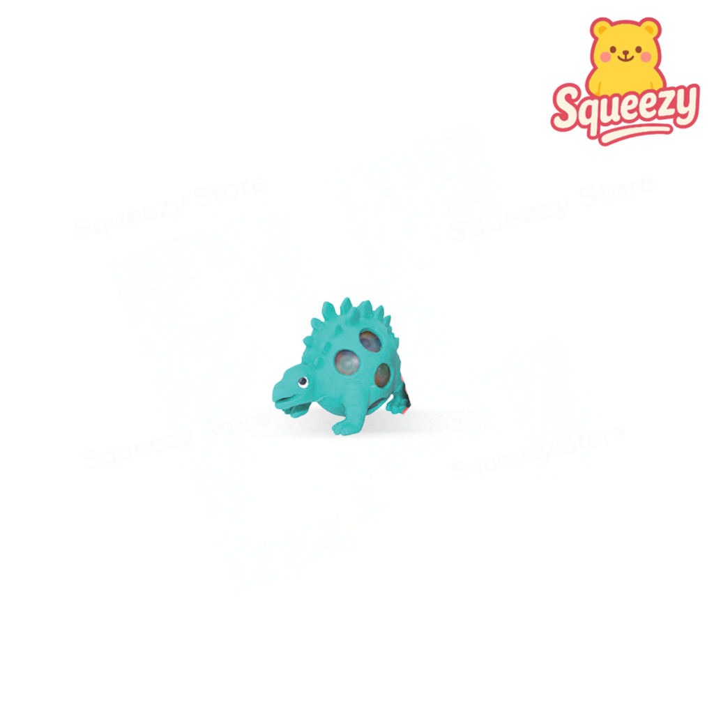 Turquoise Squishy Dino with Beads soft EVA stress relief toy with spikes and bead-filled body.
