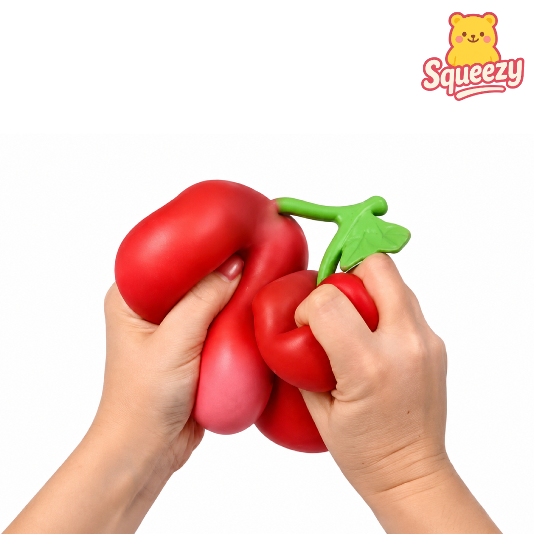 Two hands squeezing a soft cherry squishy slow rising stress relief toy
