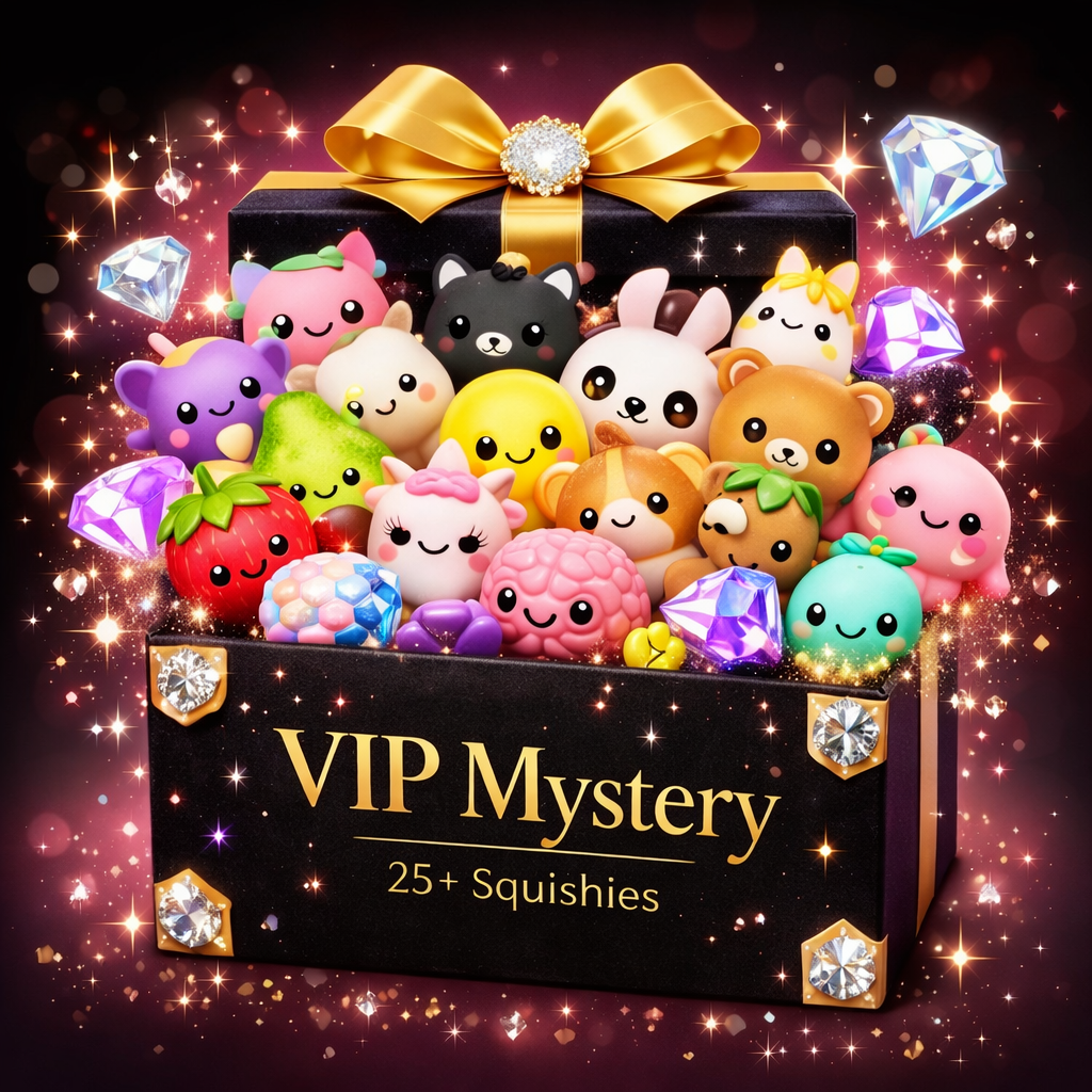 VIP Mystery premium squishy box with 25 exclusive 
slow-rise kawaii squishy toys — luxury sensory fidget 
toy gift set for collectors and adults by Squeezy Store