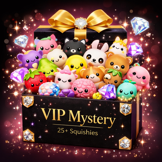 VIP Mystery premium squishy box with 25 exclusive 
slow-rise kawaii squishy toys — luxury sensory fidget 
toy gift set for collectors and adults by Squeezy Store